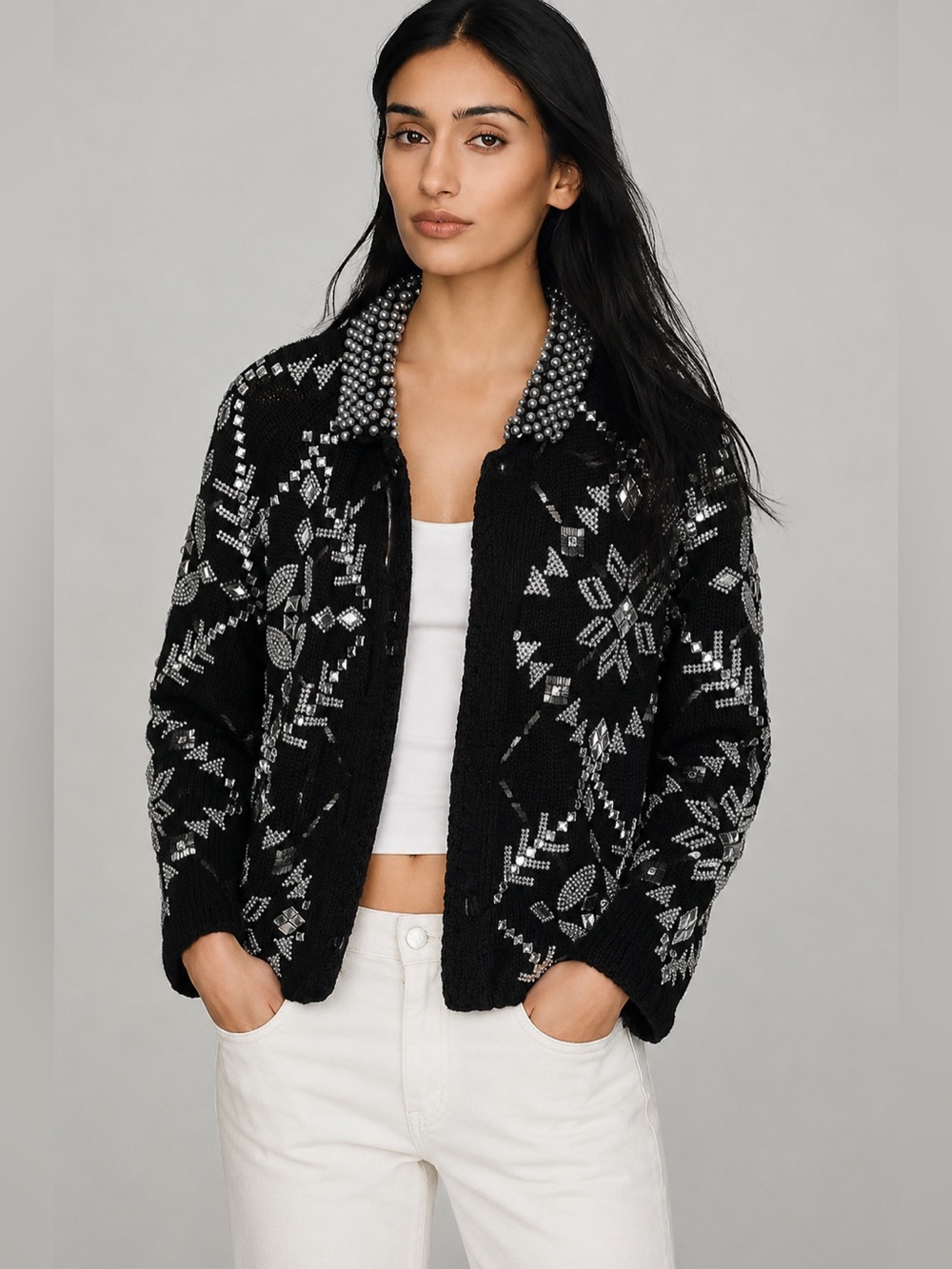 Vintage Michael Simon Black Silver Sweater Embellished Beaded Cardigan Jacket Q
